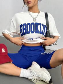 Coolane Women's Letter Print Round Neck Drop Shoulder T-Shirt And Cycling Shorts Casual 2 Pieces Set - Royal Blue - View 3