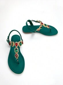 女士魅力復古風格，鑲嵌水鑽對比色鏈扣裝飾，綠色萊卡布料拖鞋，開放式脚趾低跟涼鞋，適用於日常或派對