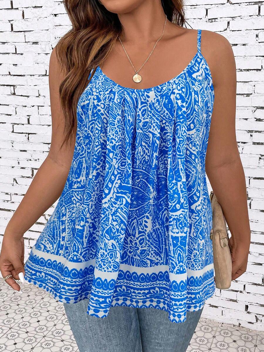 SHEIN LUNE Plus Size Nữ Loose Fit Cami Top có eo ghi chú in cho mùa hè - Màu xanh lam - Xem 1