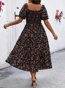 SHEIN LUNE Plus Size Women Fashionable Summer Square Neck Floral Dress - Black - View 2