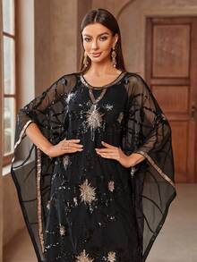 女士亮片网眼拼布圆领蝙蝠袖超长两件套阿拉伯连衣裙 - 黑色 - 查看 6