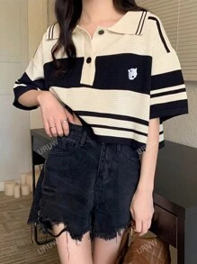 Women's Summer Color Block Drop Shoulder Loose Casual Polo Collar Knit Top