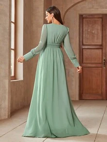 Vestido elegante de manga larga con cuello en V de unicolor para mujer, para fiesta y primavera - Verde - Ver 2