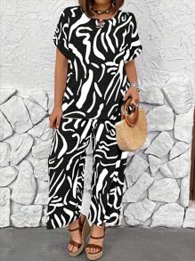 EMERY ROSE 大碼印花休閒短袖上衣和寬腿長褲套裝 - 黑色 - 查看 3