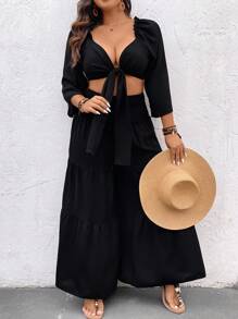 SHEIN Clasi Plus Size Women's Solid Color Front Knot Top & Skirt Set - Black - View 3