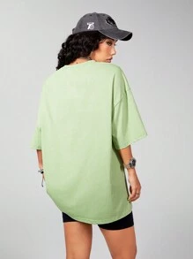 SHEIN EZwear Women's Graffiti Slogan Print Tie-Dye Washed Loose T-Shirt - Green - View 5