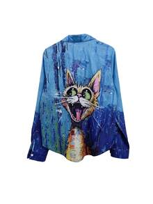 Của phụ nữ 2024 Hàng mới đến Châu Âu và Châu Mỹ Phong cách Phim hoạt hình mèo Và Tranh sơn dầu Tay áo dài Áo sơ mi - Màu xanh lam - Xem 2