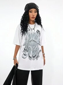 Coolane Women Streetwear Y2K Graphics Over Size T Shirt - White - View 3