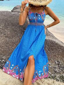 SHEIN VCAY Women's Floral Print Pleated Bust Cami Dress - Blue - View 5