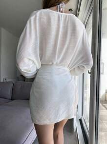 SHEIN Swim 夏季海灘女性休閒日常穿著長袖綁帶連身裙 - 白色 - 查看 2