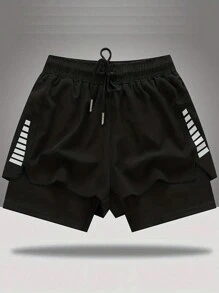 Manfinity Running Boyfriend Style Men Letter Graphic Drawstring Waist Sports Shorts With Compression Liner Gym Shorts Jogger Shorts Sweat Pants Black Shorts - Black - View 3