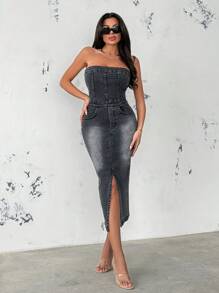 RueChic DARK GREY DRESS DENIM - Grey - View 1