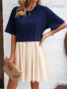 Contrast Color Block Short Sleeve Dress, Spring/Summer - Navy Blue - View 7