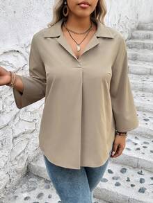 Celure Plus Size Màu Trơn Áo Sơ Mi Xuân Hè Thường Ngày Hàng Ngày - Màu Khaki - Xem 3