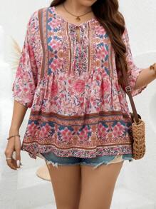 Breezaya Vintage Printed Shirt For Vacation, Plus Size With Tie-Front Peplum Top