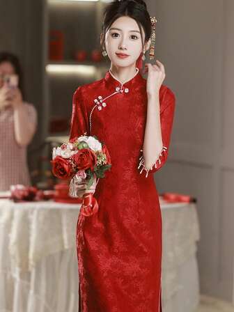 Women's Elegant Red Rhinestone Decor Cheongsam