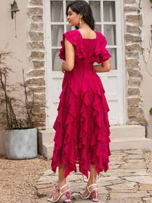 Spring Women's Lace Hollow Embroidery Spliced Mesh Flounce Asymmetrical Open Shoulder Short Sleeve Dress With Square Neckline - Red Violet - View 2