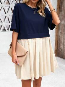 Contrast Color Block Short Sleeve Dress, Spring/Summer - Navy Blue - View 3