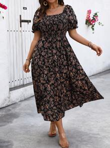 SHEIN LUNE Plus Size Women Fashionable Summer Square Neck Floral Dress - Black - View 1