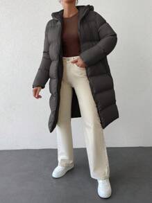 RueChic Zip Up Hooded Puffer Coat - Black - View 5