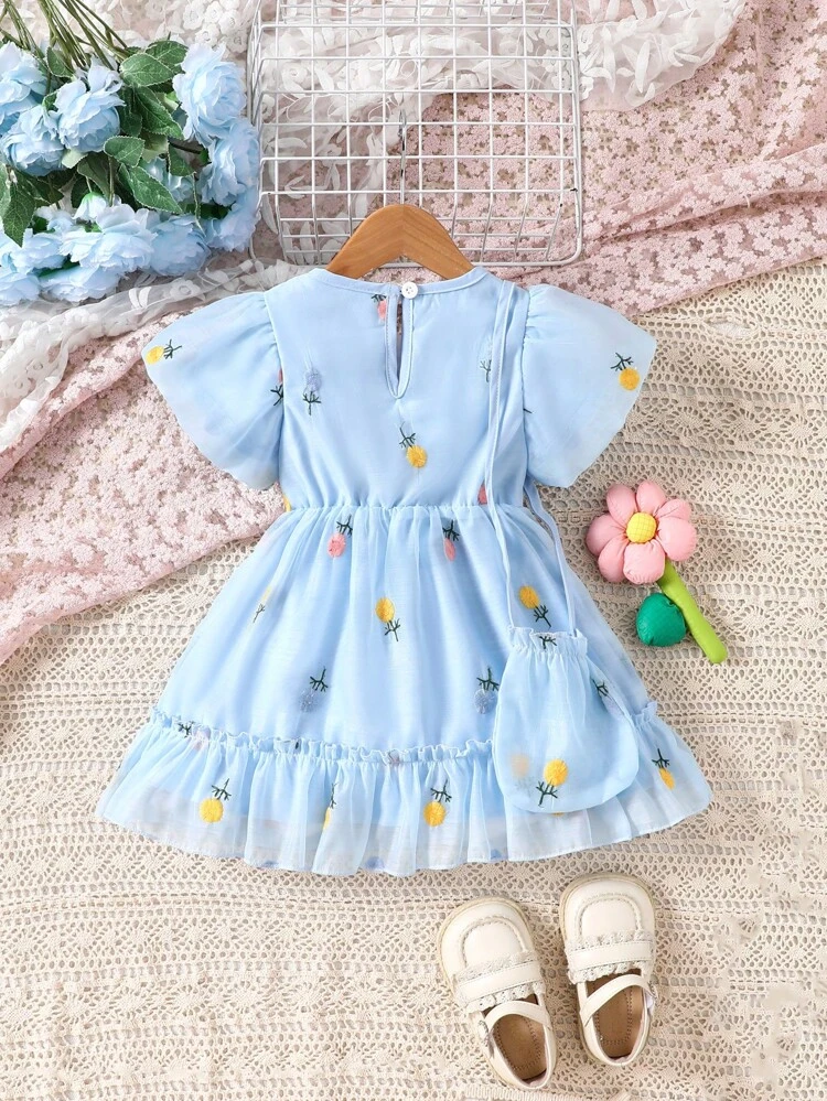 Baby Girl Cute Floral Round Neck Ruffle Sleeve Dress With Bag 2pcs/Set