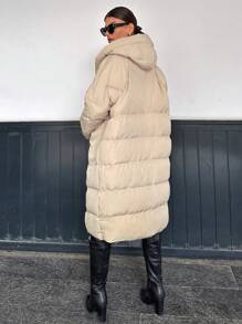EURMUSE Puffer Coat With Zipper, Hood, Two Square Shape Pockets - Champagne - View 2