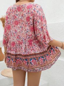 Breezaya Vintage Printed Shirt For Vacation, Plus Size With Tie-Front Peplum Top