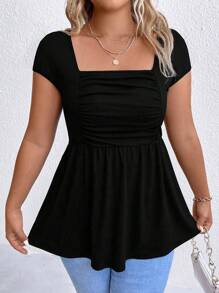 Calvaya 大碼方領褶邊荷葉邊下擺T恤 - 黑色 - 查看 5