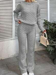 SHEIN Cottnline Solid Color Cable Knit Drop Shoulder Sweater And Knitted Pants Two Piece Set - Light Grey - View 6