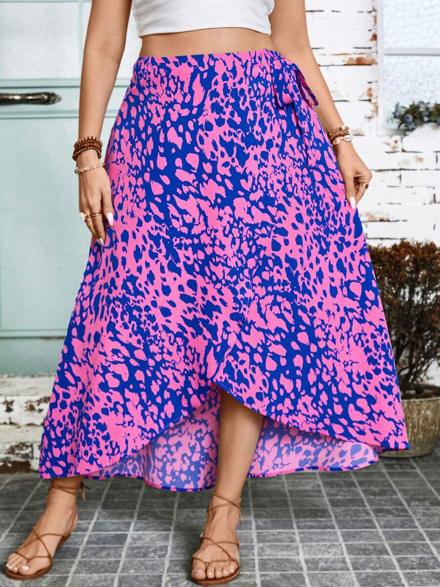 Celure 大碼休閒不對稱下擺花卉印花系帶裝飾裙，適用於春季/夏季 - 彩色 - 查看 1