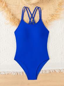 Tween Girl Casual And Versatile Solid Color One-Piece Swimsuit With Double Shoulder Straps - Blue - View 5