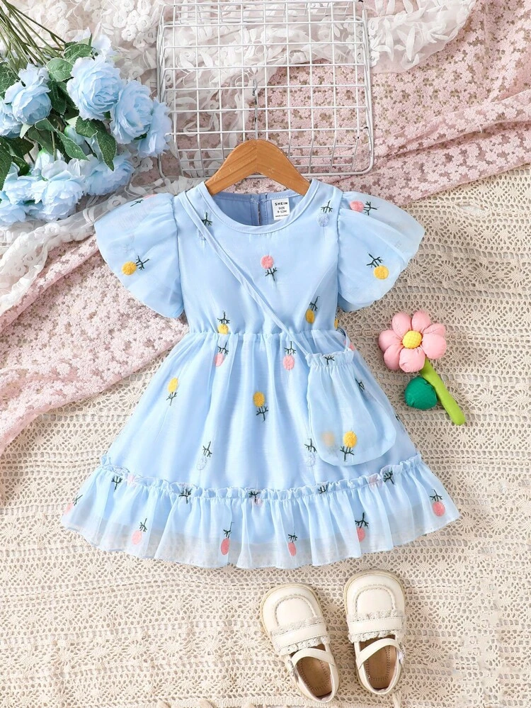 Baby Girl Cute Floral Round Neck Ruffle Sleeve Dress With Bag 2pcs/Set