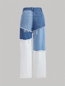 Sweetra Pantalones vaqueros de mezclilla para mujer con diseño de dobladillo deshilachado y color de contraste y corte holgado - Lavado ligero - Ver 2