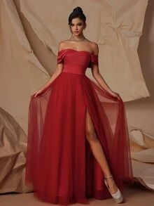 Vestido de noche formal de mujer VIPGIRL con hombros descubiertos, malla y cintura alta en contraste