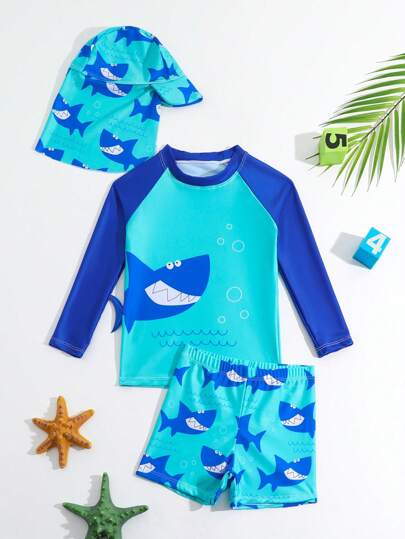 3pcs/Set Young Boy Raglan Sleeve Sleeve Shorts & Hat Swimwear Set