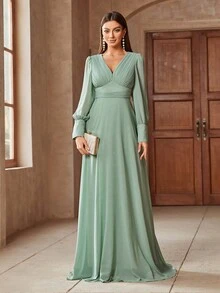 Vestido elegante de manga larga con cuello en V de unicolor para mujer, para fiesta y primavera - Verde - Ver 3