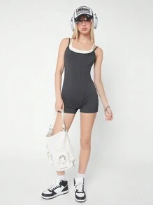 Muchica Contrast Color 2 In 1 Tight Jumpsuit Unitard With Spaghetti Straps