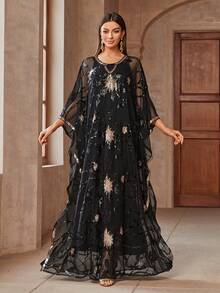 女士亮片网眼拼布圆领蝙蝠袖超长两件套阿拉伯连衣裙 - 黑色 - 查看 3