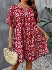 SHEIN Clasi فستان بطبعات زهور فضفاض وبأسلوب كاجوال للمقاسات الكبيرة، ياقة على شكل حرف V مع حافة مقصوصة، للاستخدام في ملابس السنة الجديدة - الأحمر - مشاهدة 6