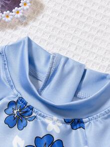 SHEIN Áo tắm dệt kim in hoa cho bé gái - Màu xanh lam - Xem 8