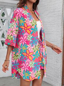 SHEIN LUNE Bộ áo ngắn tay và quần short in hoa kỳ nghỉ hè - Nhiều màu - Xem 5