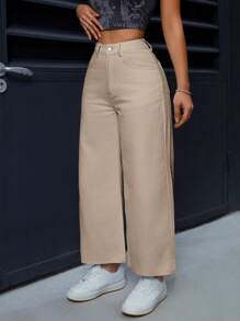 SHEIN PETITE Quần jean ống đứng màu trơn đơn giản cho nữ - Màu Khaki - Xem 5