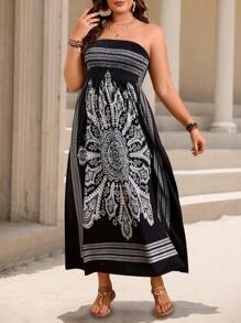 SHEIN Clasi Kích thước lớn Retro In Quây Nếp uốn Thêm dài Kỳ nghỉ Đầm - màu đen - Xem 4