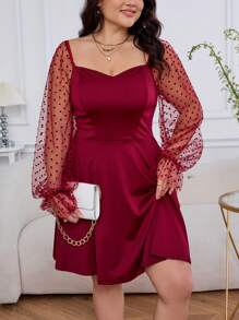 SHEIN Privé 大尺碼網眼拼接波點甜心領裙 - 酒紅色 - 查看 5