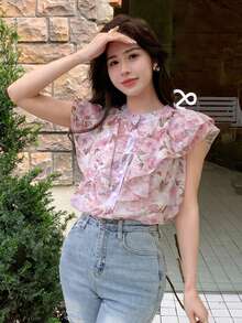 DAZY Women Fashion Vacation Floral Printed Ruffle Sleeve Blouse For Summer - Pink - View 3