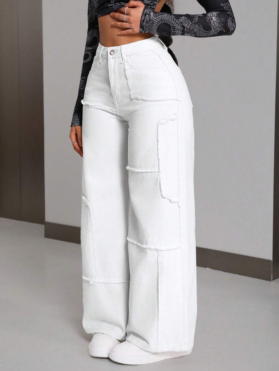 SHEIN PETITE 女士鬆身牛仔褲，配有磨損邊緣設計 - 白色 - 查看 1