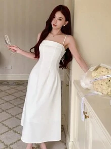 DAZY 女士时尚纯色吊带吊带返校节礼服舞会礼服优雅太阳裙婚礼女士连衣裙 - 白色 - 查看 3