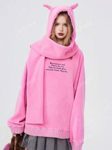 ELFSACK Pink Warm Hooded For Women 2024 Fit In Spring Loose Sweet Style Embroidered Top