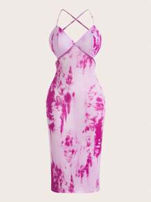 Slaydiva 休闲性感/粉色细肩带后背系带修身抽象印花女式连衣裙-H - 粉色 - 查看 1