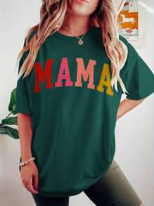 SHEIN LUNE Plus Size Summer Letter Print Casual Round Neck Short Sleeve T-Shirt - Dark Green - View 3